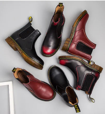 Thick-Heeled Cowhide Martin Boots for Women